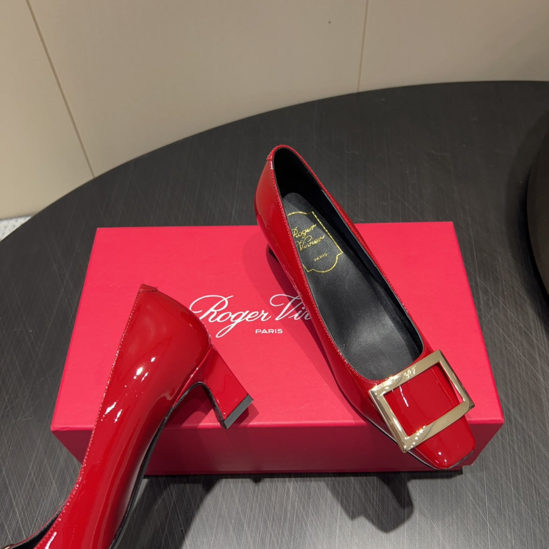 ROGER VIVIER 25S BELLE VIVIER PUMPS 45MM IN CRIMSON RED CALFSKIN GOLD BUCKLE - 34