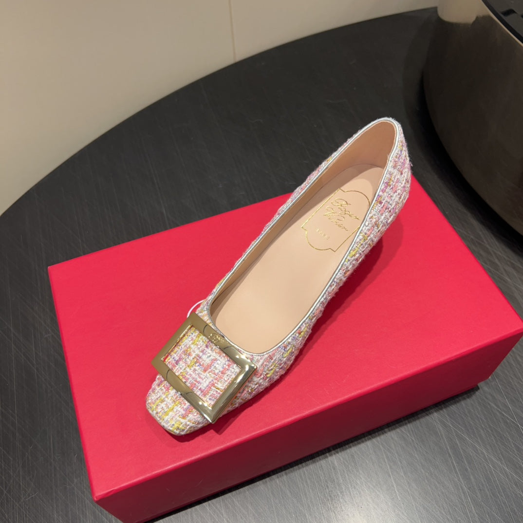 ROGER VIVIER 25S TROMPETTE SQUARE TOE HIGH HEELS 45MM IN PINK TWEED - 34