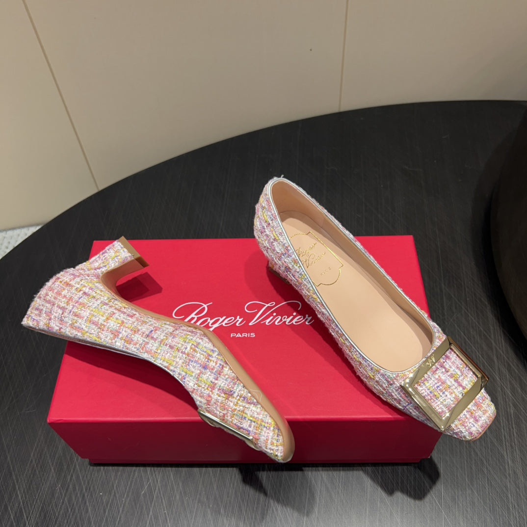 ROGER VIVIER 25S TROMPETTE SQUARE TOE HIGH HEELS 45MM IN PINK TWEED - 34