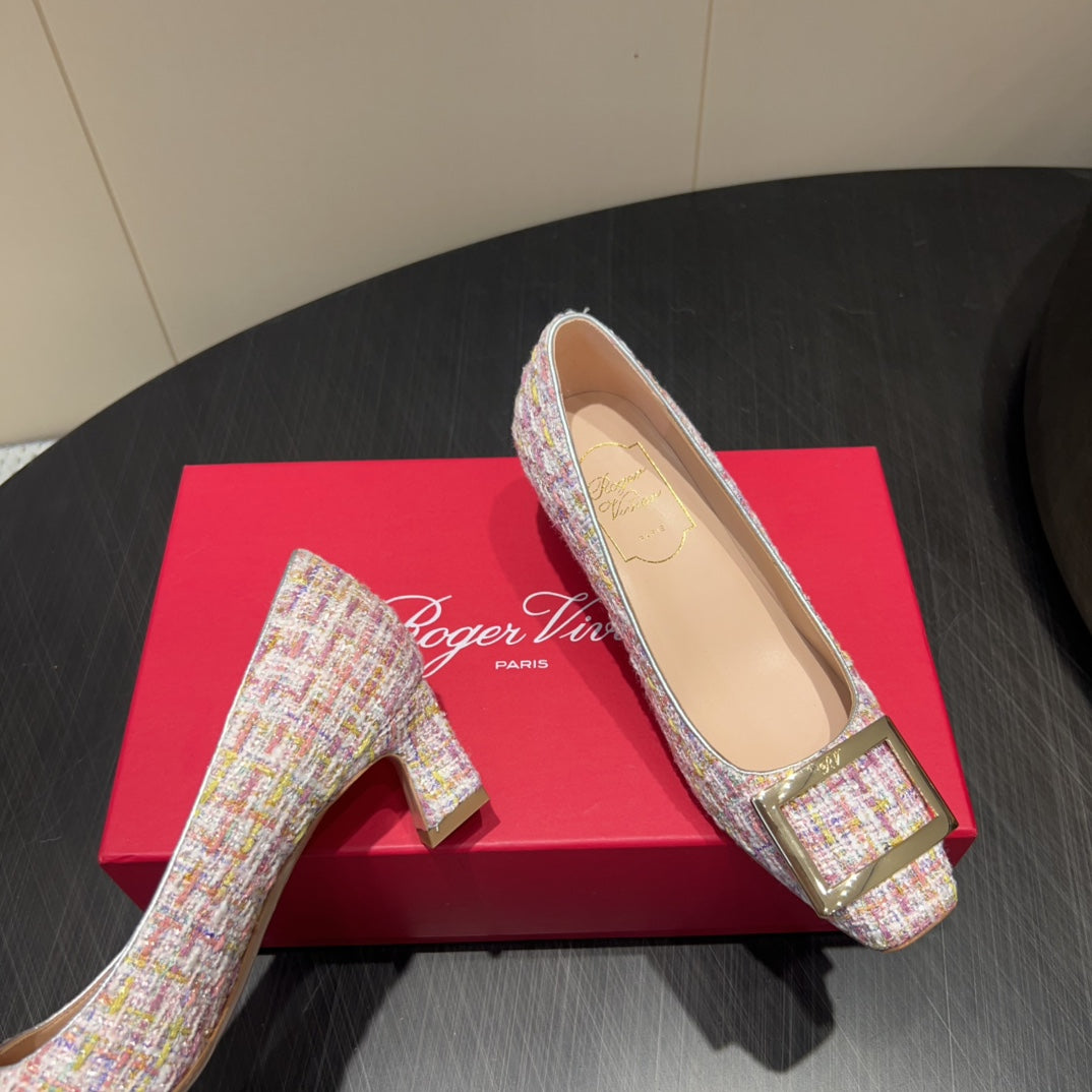 ROGER VIVIER 25S TROMPETTE SQUARE TOE HIGH HEELS 45MM IN PINK TWEED - 34
