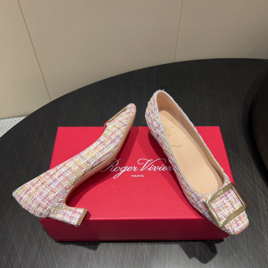 ROGER VIVIER 25S TROMPETTE SQUARE TOE HIGH HEELS 45MM IN PINK TWEED - 34