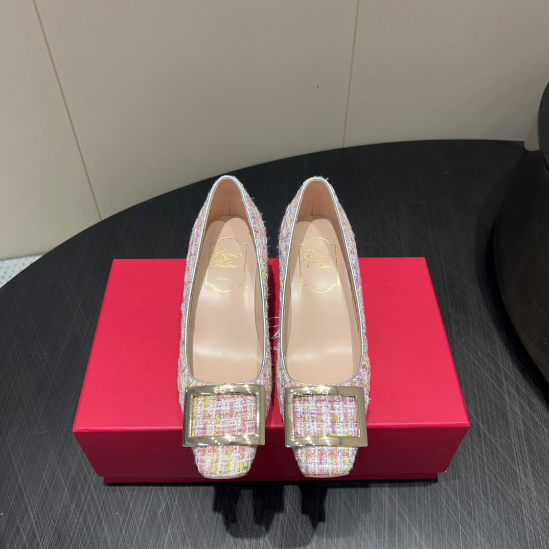 ROGER VIVIER 25S TROMPETTE SQUARE TOE HIGH HEELS 45MM IN PINK TWEED - 34