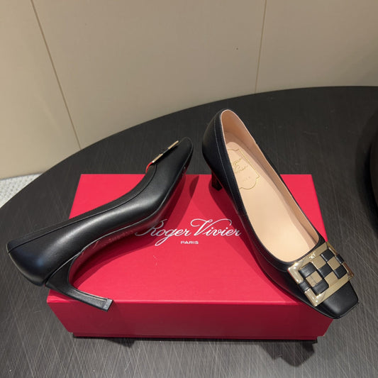 ROGER VIVIER 25S TROMPETTE SQUARE TOE HIGH HEELS 70MM IN BLACK SHINY CALFSKIN - 34