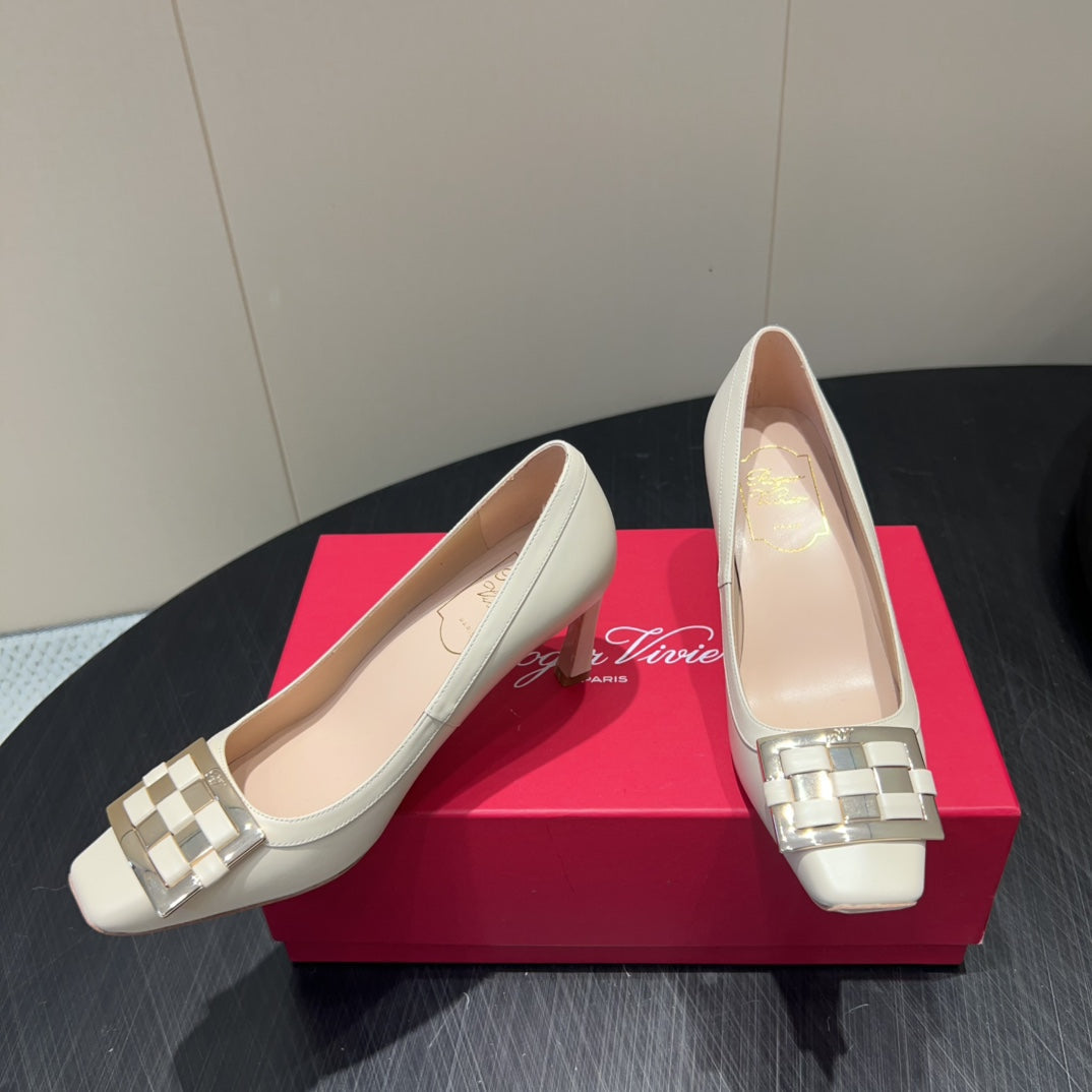 ROGER VIVIER 25S TROMPETTE SQUARE TOE HIGH HEELS 70MM IN IVORY SHINY CALFSKIN - 34