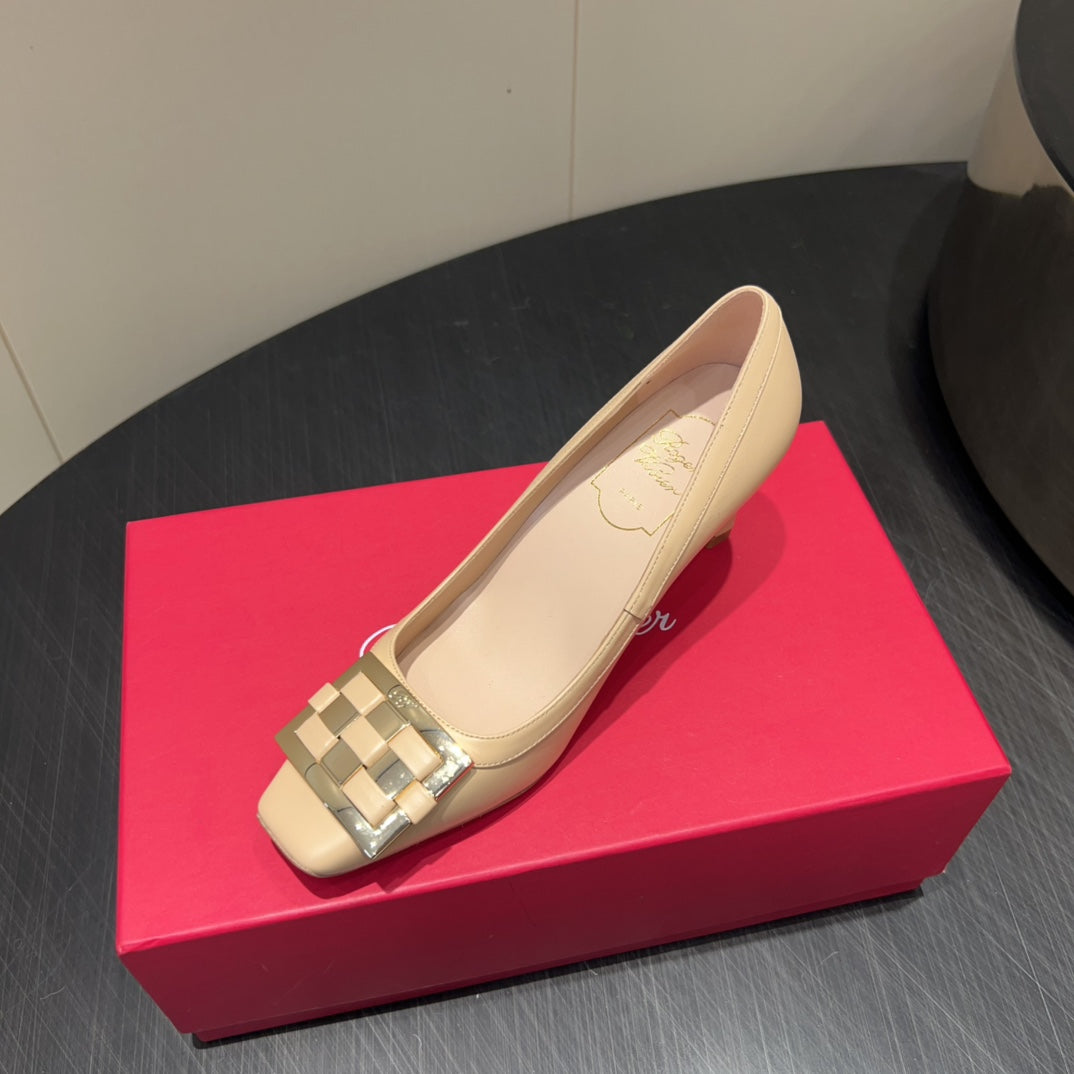 ROGER VIVIER 25S TROMPETTE SQUARE TOE HIGH HEELS 70MM IN NUDE SHINY CALFSKIN - 34