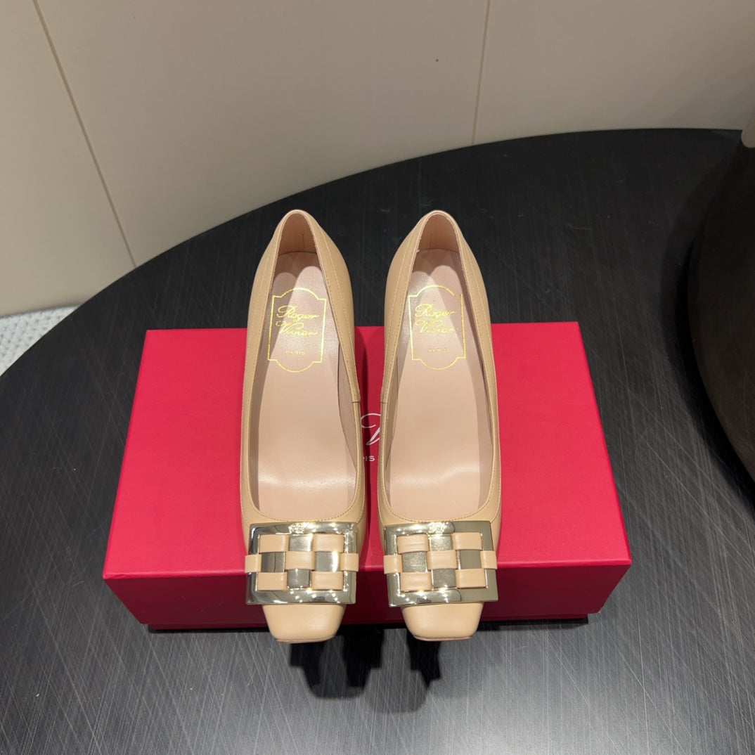 ROGER VIVIER 25S TROMPETTE SQUARE TOE HIGH HEELS 70MM IN NUDE SHINY CALFSKIN - 34