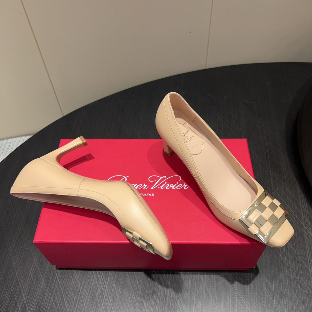 ROGER VIVIER 25S TROMPETTE SQUARE TOE HIGH HEELS 70MM IN NUDE SHINY CALFSKIN - 34