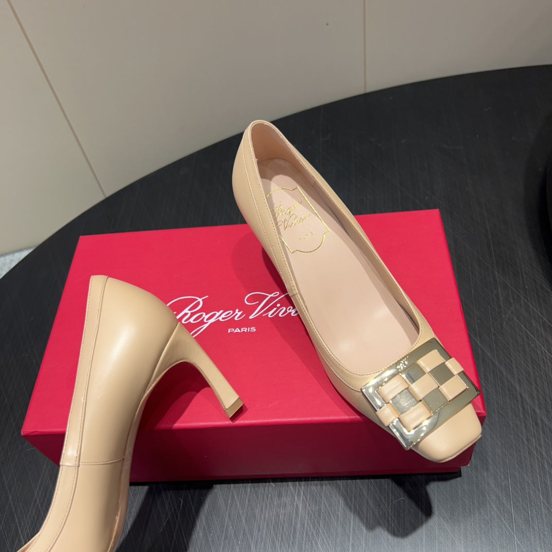 ROGER VIVIER 25S TROMPETTE SQUARE TOE HIGH HEELS 70MM IN NUDE SHINY CALFSKIN - 34