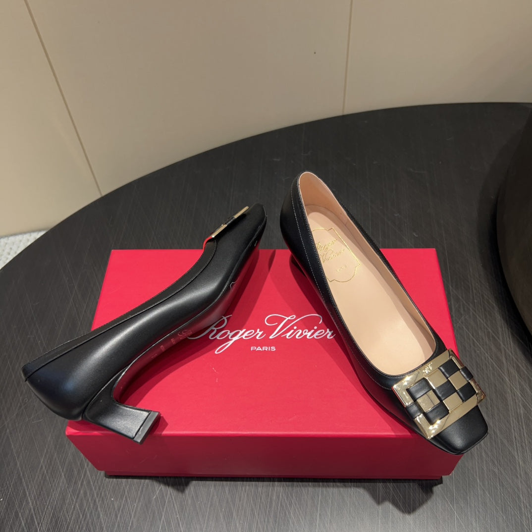 ROGER VIVIER 25S TROMPETTE SQUARE TOE HIGH HEELS 45MM IN BLACK SHINY CALFSKIN - 34