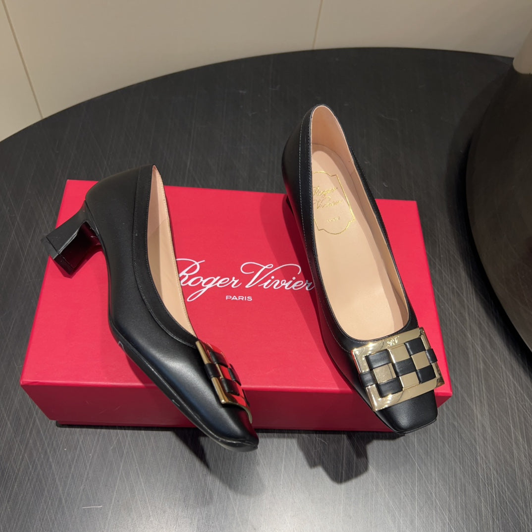 ROGER VIVIER 25S TROMPETTE SQUARE TOE HIGH HEELS 45MM IN BLACK SHINY CALFSKIN - 34