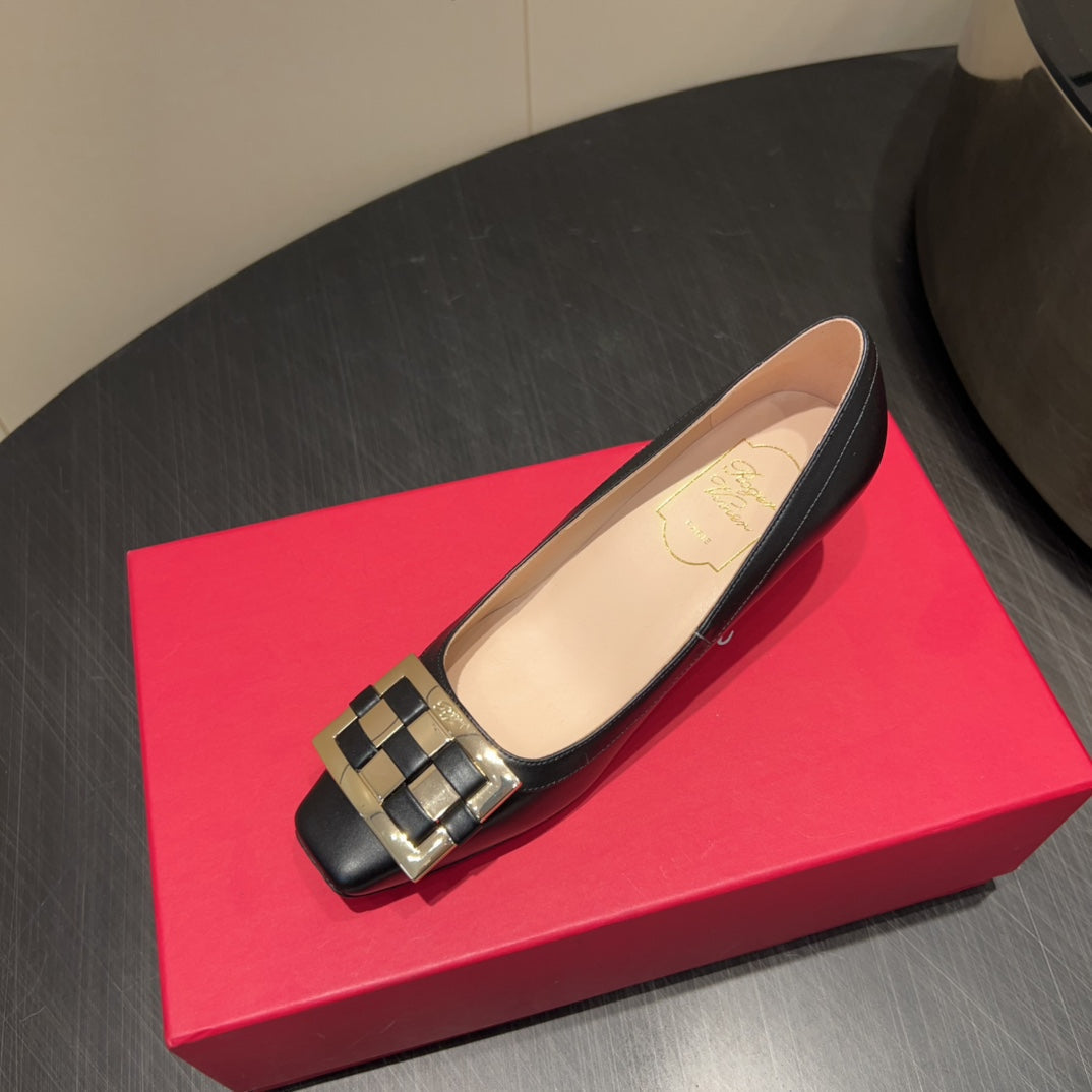 ROGER VIVIER 25S TROMPETTE SQUARE TOE HIGH HEELS 45MM IN BLACK SHINY CALFSKIN - 34