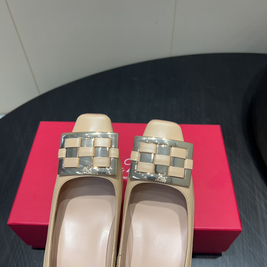 ROGER VIVIER 25S TROMPETTE SQUARE TOE HIGH HEELS 45MM IN NUDE SHINY CALFSKIN - 34