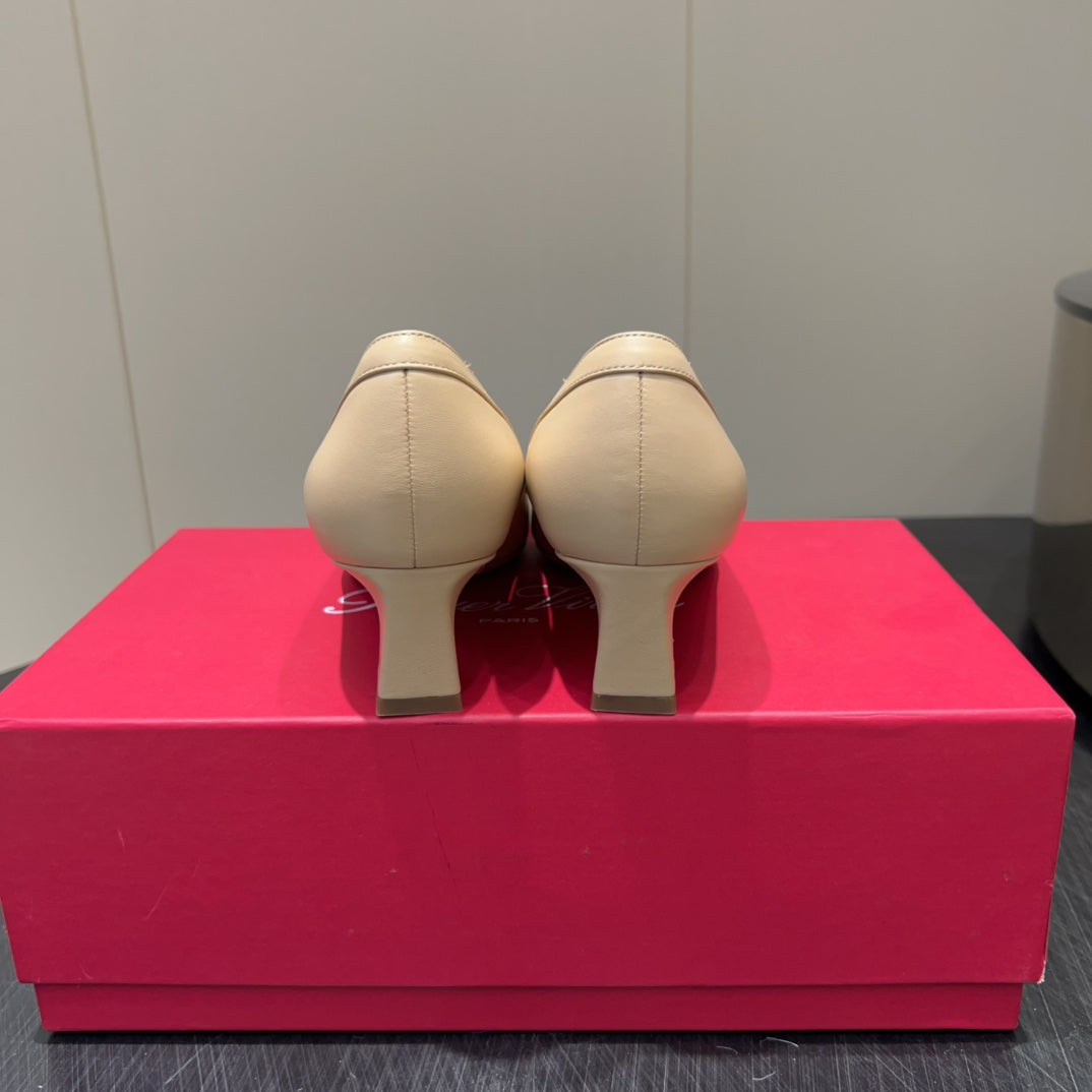 ROGER VIVIER 25S TROMPETTE SQUARE TOE HIGH HEELS 45MM IN NUDE SHINY CALFSKIN - 34