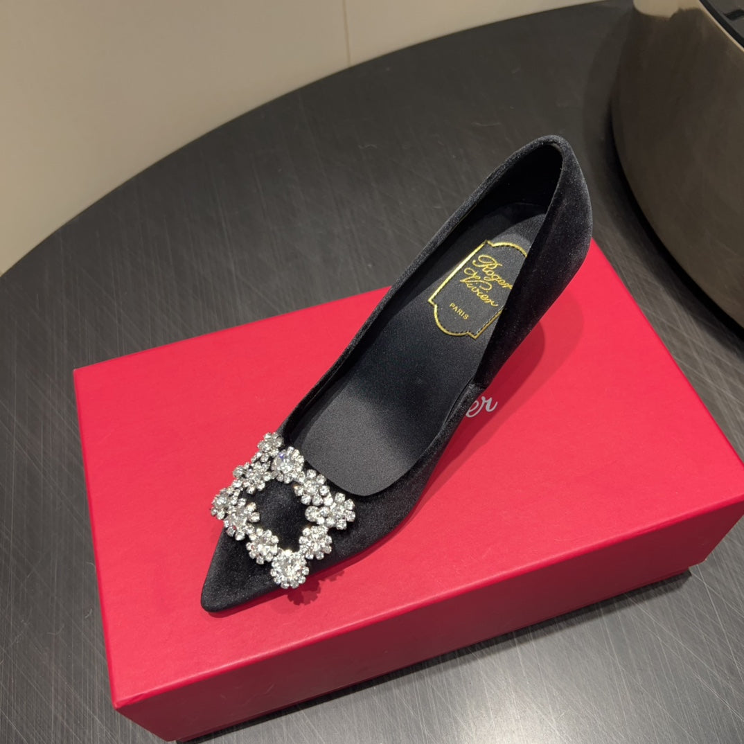 ROGER VIVIER 25S POINTED TOE HIGH HEELS 70MM IN BLACK VELVET EMBELLISHED CRYSTALS - 34