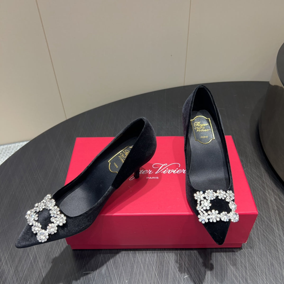 ROGER VIVIER 25S POINTED TOE HIGH HEELS 70MM IN BLACK VELVET EMBELLISHED CRYSTALS - 34