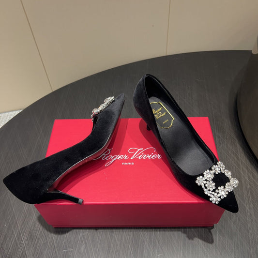 ROGER VIVIER 25S POINTED TOE HIGH HEELS 70MM IN BLACK VELVET EMBELLISHED CRYSTALS - 34