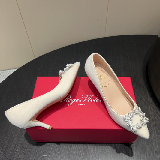 ROGER VIVIER 25S POINTED TOE HIGH HEELS 70MM IN WHITE VELVET EMBELLISHED CRYSTALS - 34