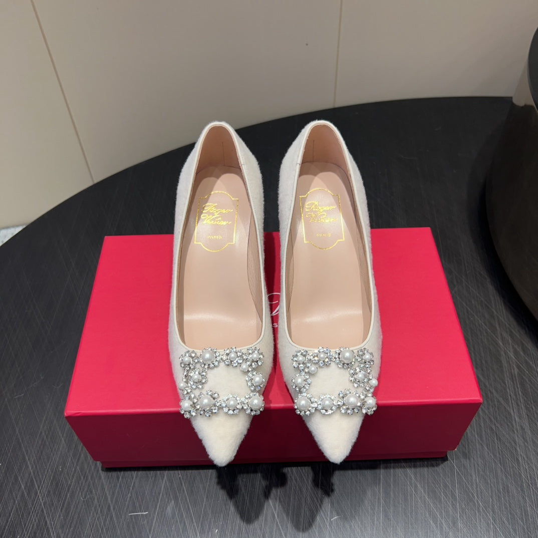 ROGER VIVIER 25S POINTED TOE HIGH HEELS 70MM IN WHITE VELVET EMBELLISHED CRYSTALS - 34