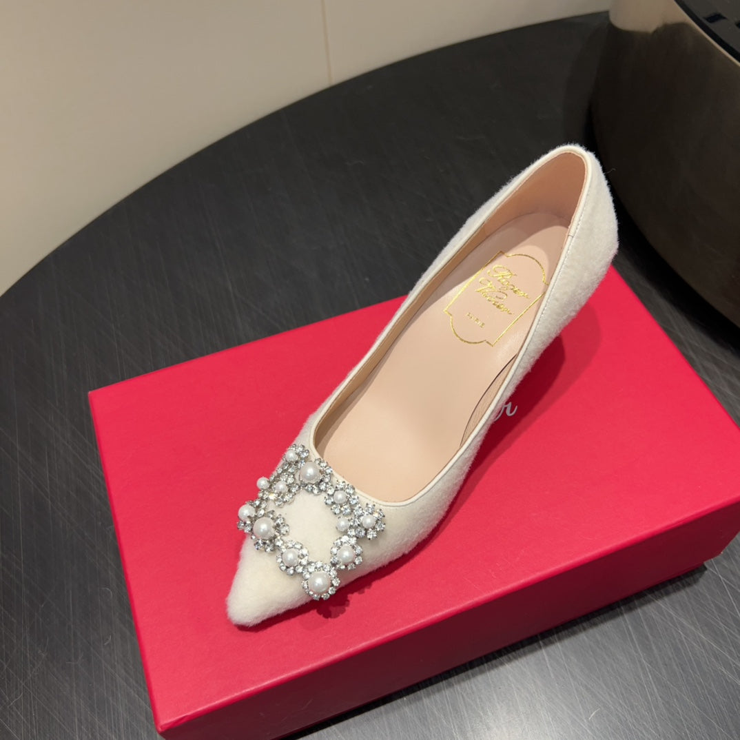ROGER VIVIER 25S POINTED TOE HIGH HEELS 70MM IN WHITE VELVET EMBELLISHED CRYSTALS - 34