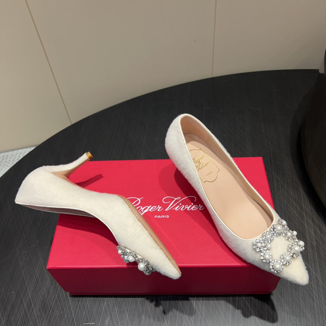 ROGER VIVIER 25S POINTED TOE HIGH HEELS 70MM IN WHITE VELVET EMBELLISHED CRYSTALS - 34
