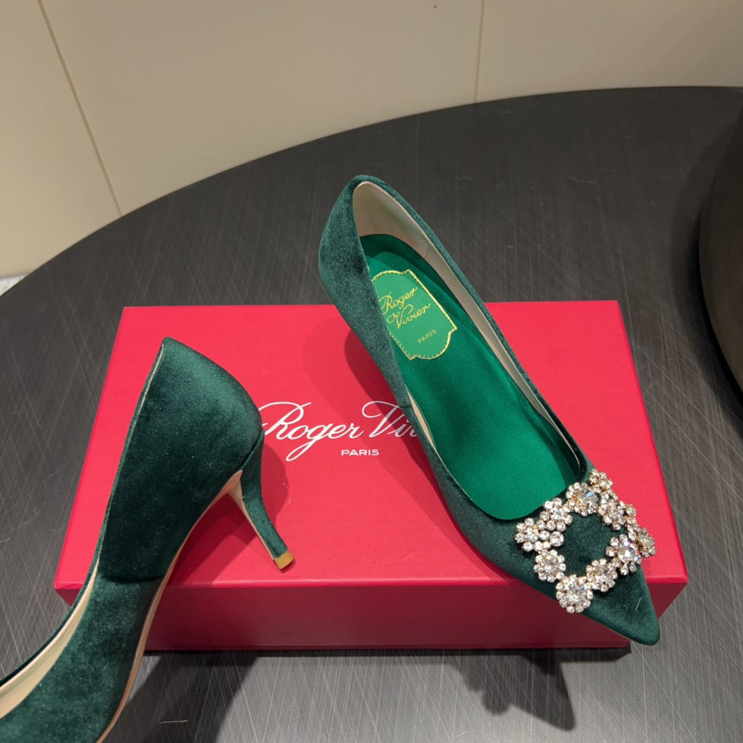 ROGER VIVIER 25S POINTED TOE HIGH HEELS 70MM IN TEAL GREEN VELVET EMBELLISHED CRYSTALS - 34