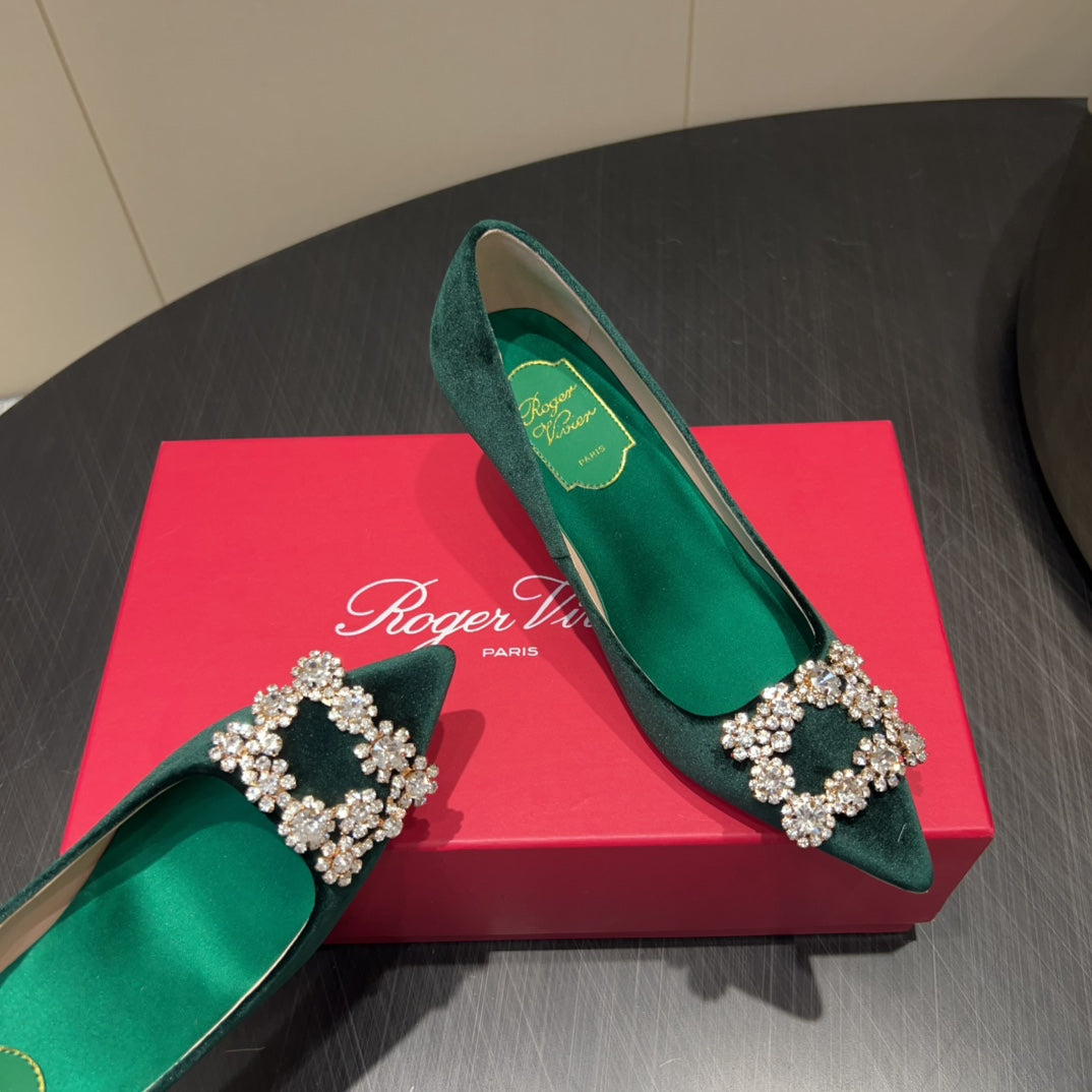 ROGER VIVIER 25S POINTED TOE HIGH HEELS 70MM IN TEAL GREEN VELVET EMBELLISHED CRYSTALS - 34