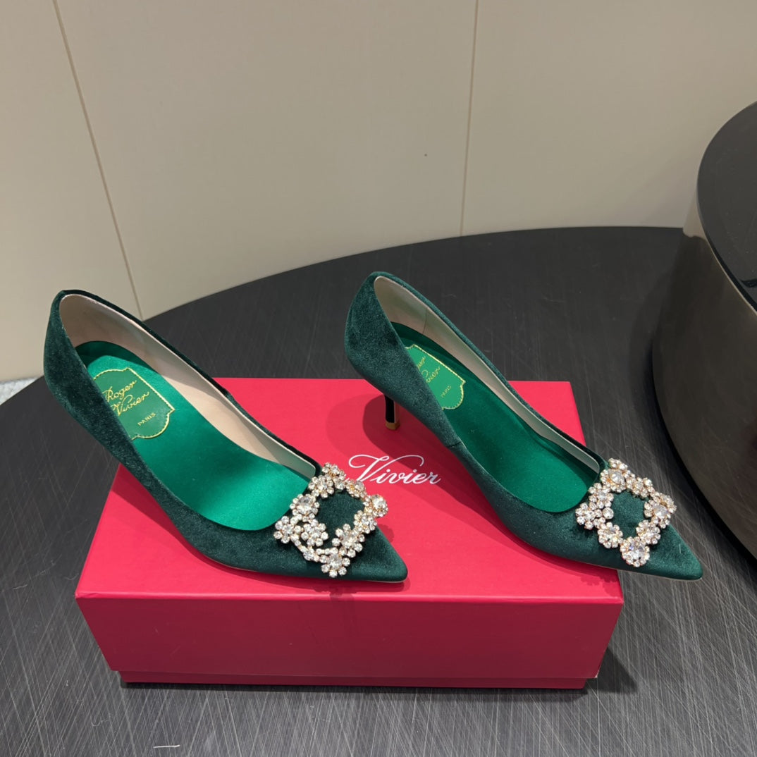 ROGER VIVIER 25S POINTED TOE HIGH HEELS 70MM IN TEAL GREEN VELVET EMBELLISHED CRYSTALS - 34