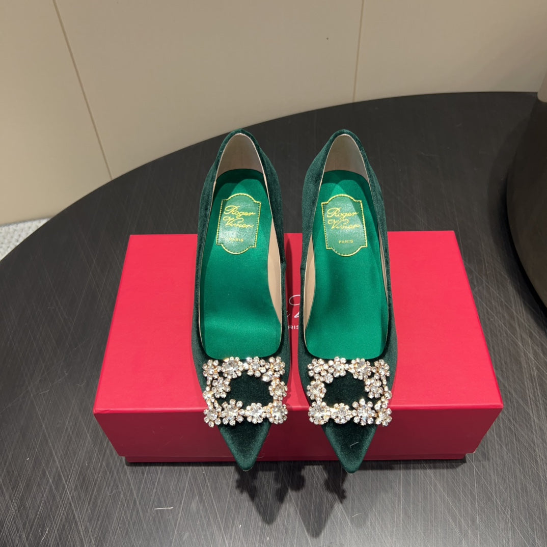 ROGER VIVIER 25S POINTED TOE HIGH HEELS 70MM IN TEAL GREEN VELVET EMBELLISHED CRYSTALS - 34