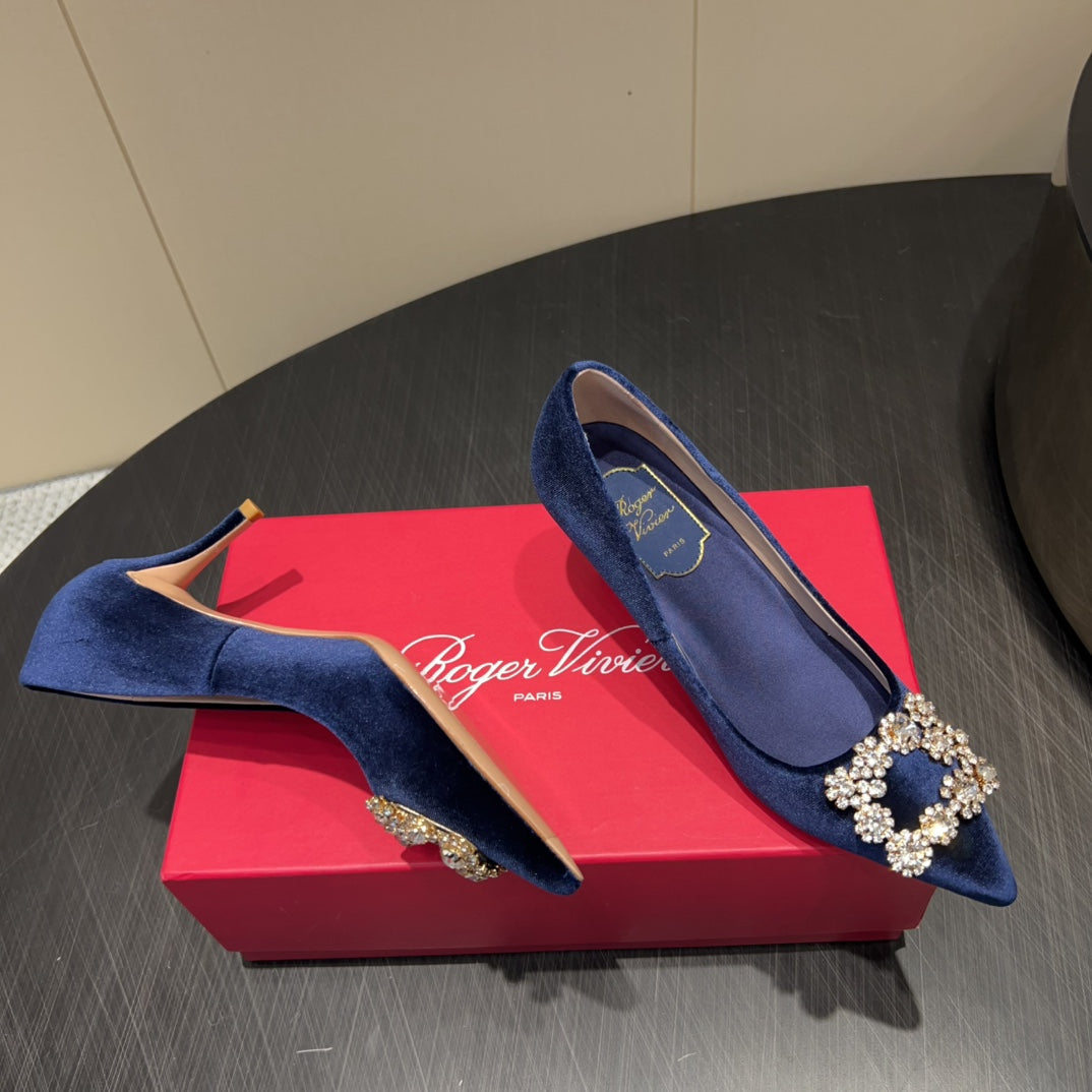 ROGER VIVIER 25S POINTED TOE HIGH HEELS 70MM IN DARK BLUE VELVET EMBELLISHED CRYSTALS - 34