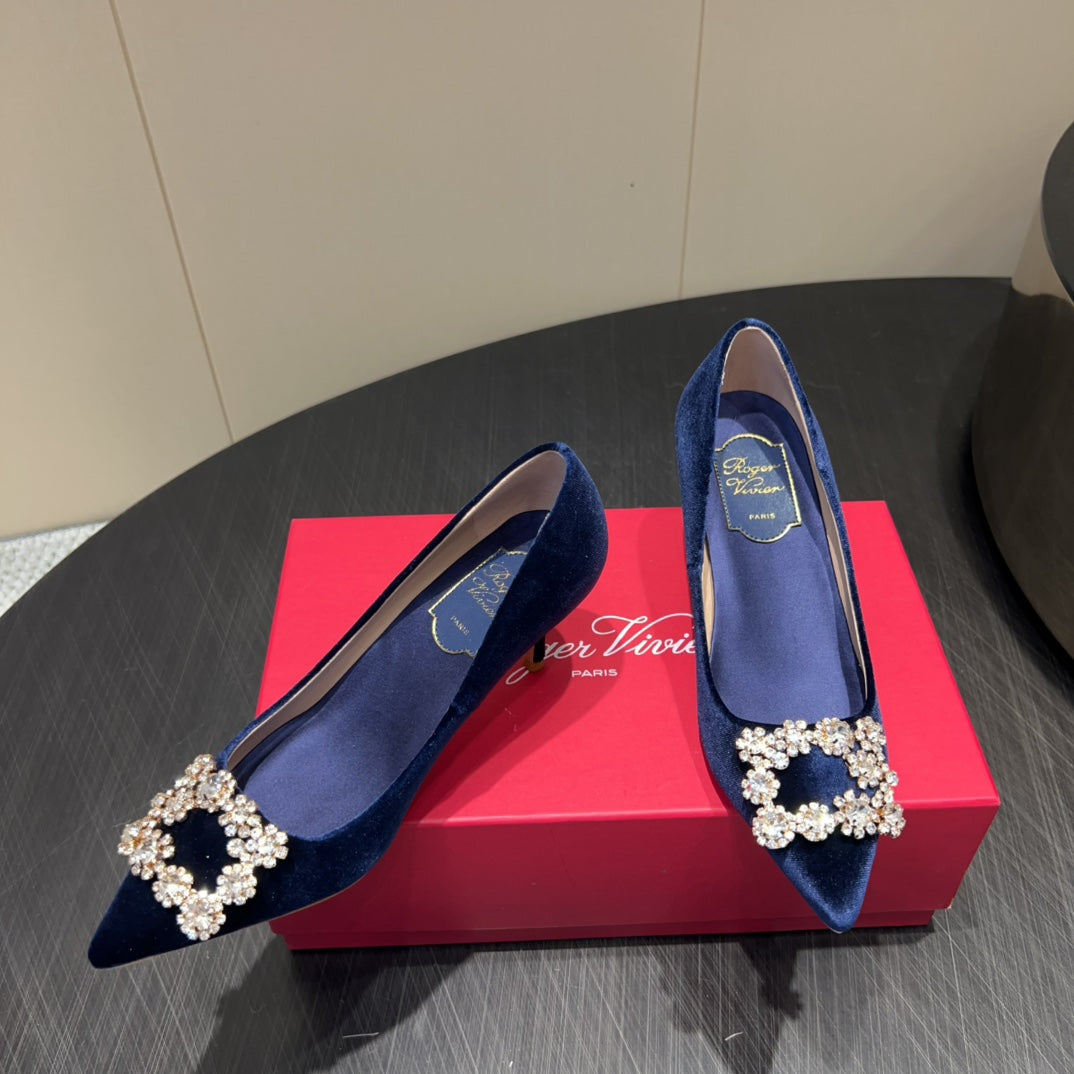 ROGER VIVIER 25S POINTED TOE HIGH HEELS 70MM IN DARK BLUE VELVET EMBELLISHED CRYSTALS - 34