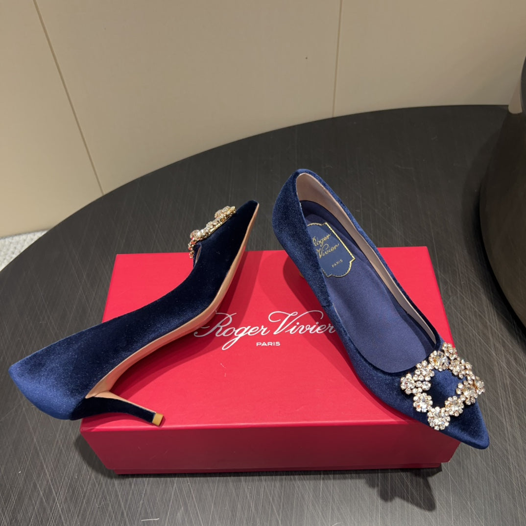 ROGER VIVIER 25S POINTED TOE HIGH HEELS 70MM IN DARK BLUE VELVET EMBELLISHED CRYSTALS - 34