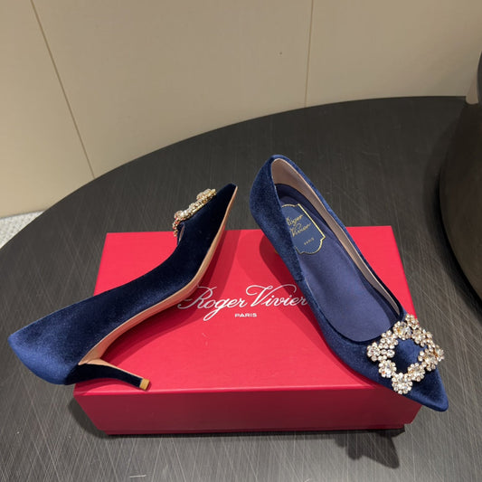 ROGER VIVIER 25S POINTED TOE HIGH HEELS 70MM IN DARK BLUE VELVET EMBELLISHED CRYSTALS - 34