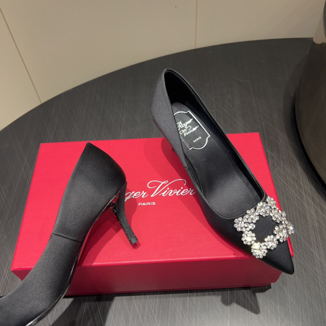 ROGER VIVIER 25S POINTED TOE HIGH HEELS 70MM IN BLACK SILK EMBELLISHED CRYSTALS - 34