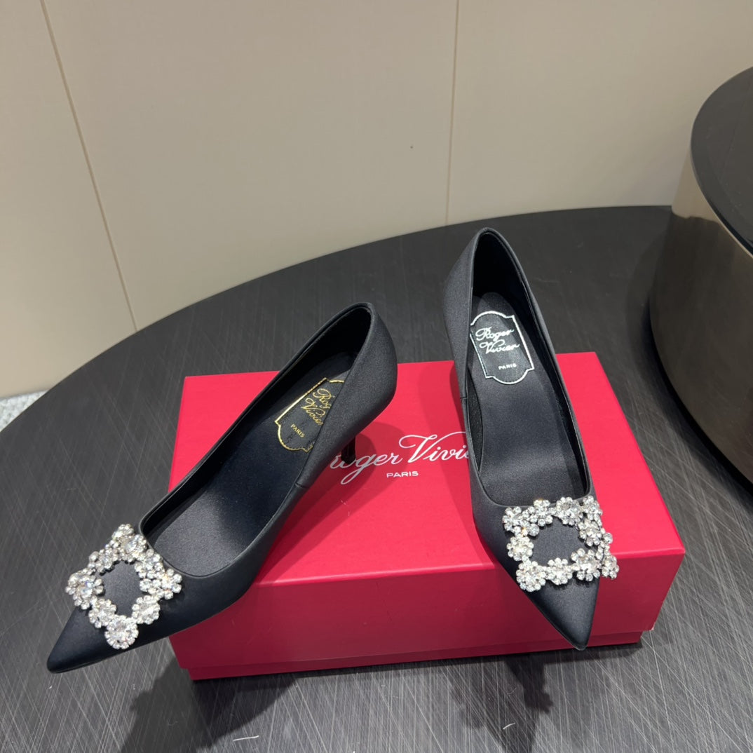 ROGER VIVIER 25S POINTED TOE HIGH HEELS 70MM IN BLACK SILK EMBELLISHED CRYSTALS - 34