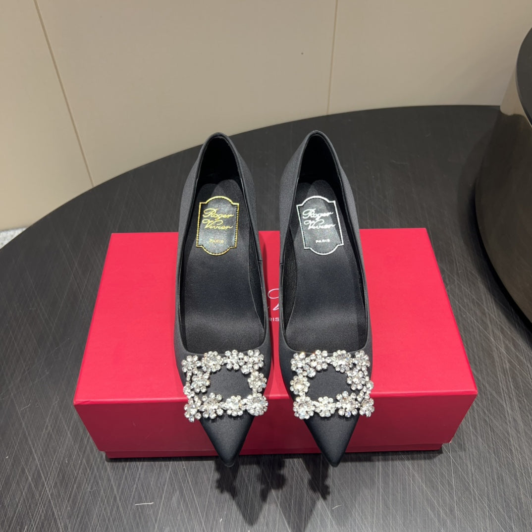 ROGER VIVIER 25S POINTED TOE HIGH HEELS 70MM IN BLACK SILK EMBELLISHED CRYSTALS - 34