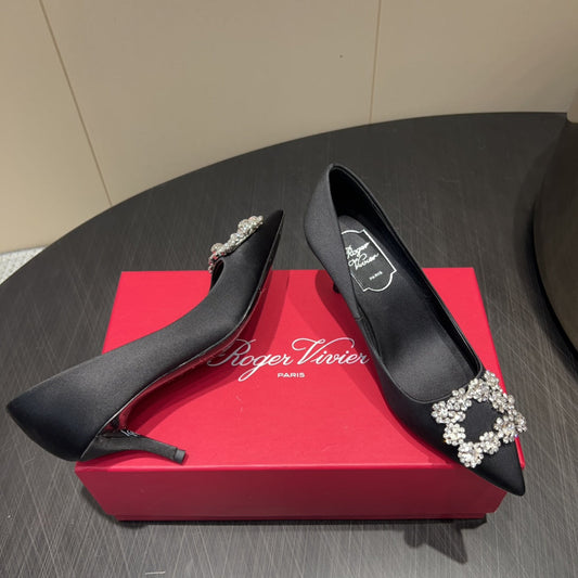 ROGER VIVIER 25S POINTED TOE HIGH HEELS 70MM IN BLACK SILK EMBELLISHED CRYSTALS - 34