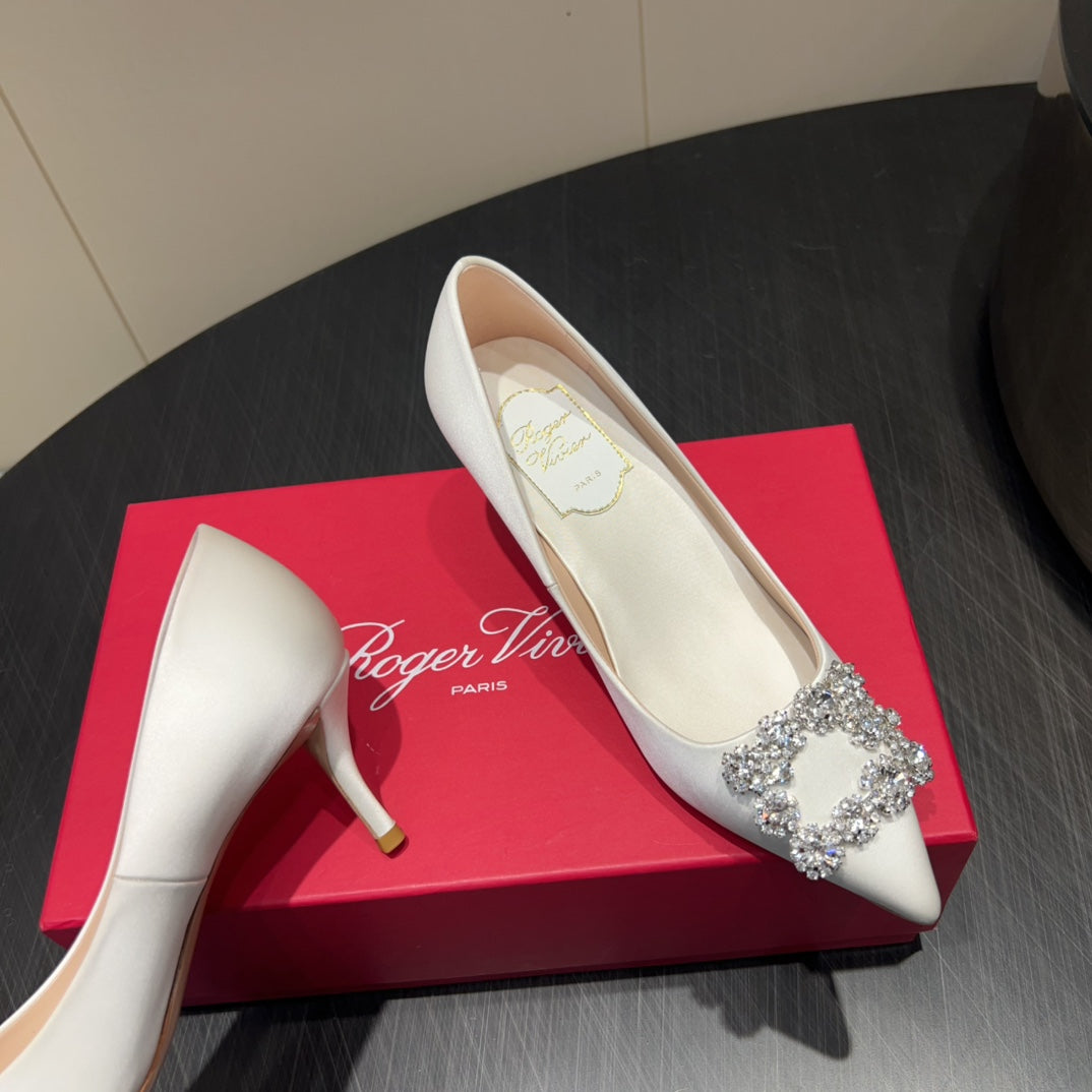 ROGER VIVIER 25S POINTED TOE HIGH HEELS 70MM IN IVORY SILK EMBELLISHED CRYSTALS - 34