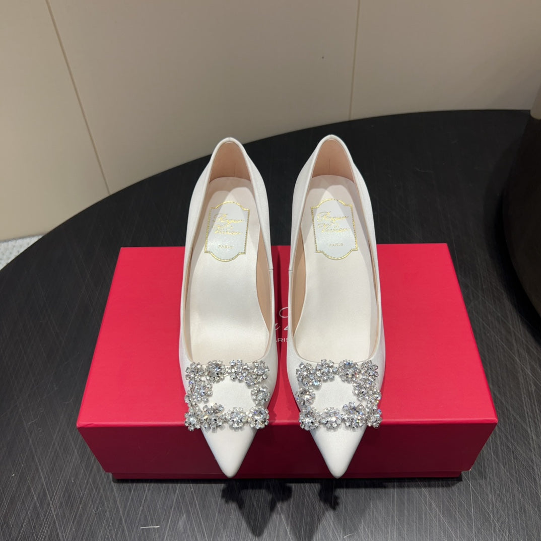 ROGER VIVIER 25S POINTED TOE HIGH HEELS 70MM IN IVORY SILK EMBELLISHED CRYSTALS - 34