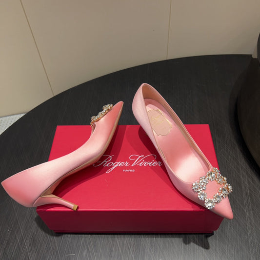 ROGER VIVIER 25S POINTED TOE HIGH HEELS 70MM IN BABY PINK SILK EMBELLISHED CRYSTALS - 34
