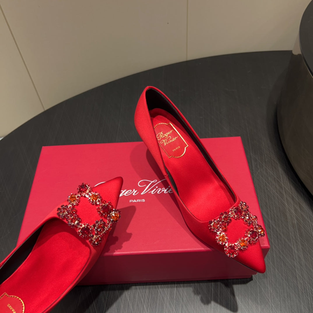 ROGER VIVIER 25S POINTED TOE HIGH HEELS 70MM IN BRIGHT RED SILK EMBELLISHED CRYSTALS - 34