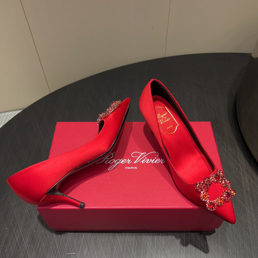 ROGER VIVIER 25S POINTED TOE HIGH HEELS 70MM IN BRIGHT RED SILK EMBELLISHED CRYSTALS - 34