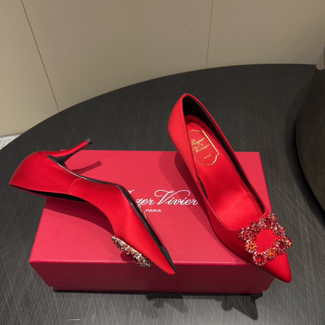 ROGER VIVIER 25S POINTED TOE HIGH HEELS 70MM IN BRIGHT RED SILK EMBELLISHED CRYSTALS - 34