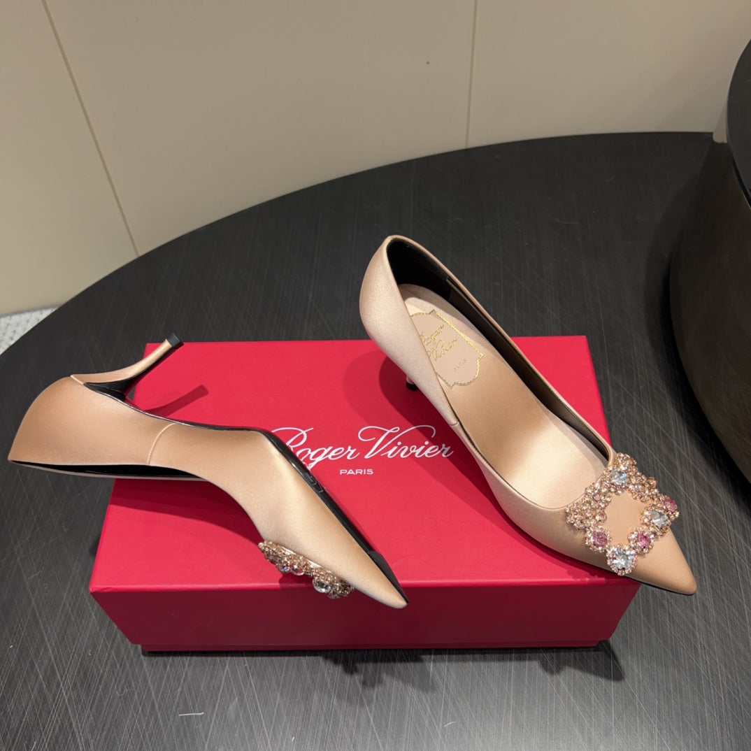 ROGER VIVIER 25S POINTED TOE HIGH HEELS 70MM IN DARK NUDE SILK EMBELLISHED CRYSTALS - 34