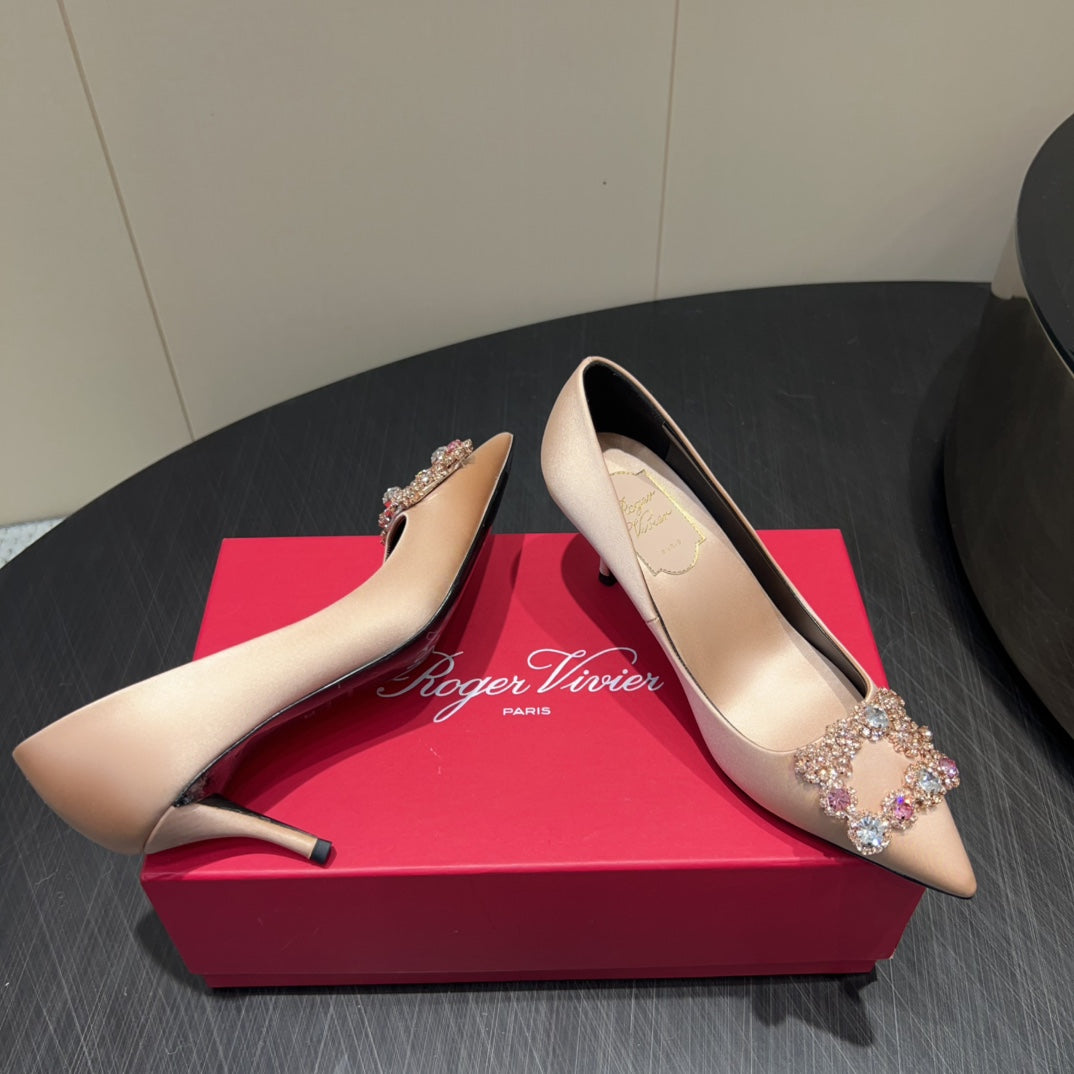ROGER VIVIER 25S POINTED TOE HIGH HEELS 70MM IN DARK NUDE SILK EMBELLISHED CRYSTALS - 34