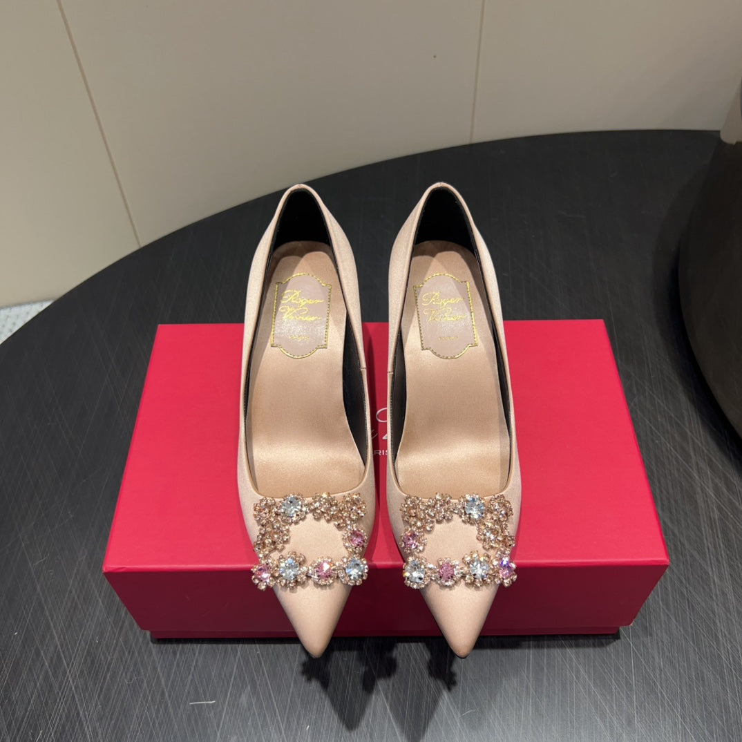 ROGER VIVIER 25S POINTED TOE HIGH HEELS 70MM IN DARK NUDE SILK EMBELLISHED CRYSTALS - 34