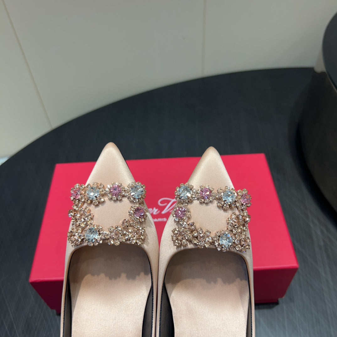 ROGER VIVIER 25S POINTED TOE HIGH HEELS 70MM IN DARK NUDE SILK EMBELLISHED CRYSTALS - 34