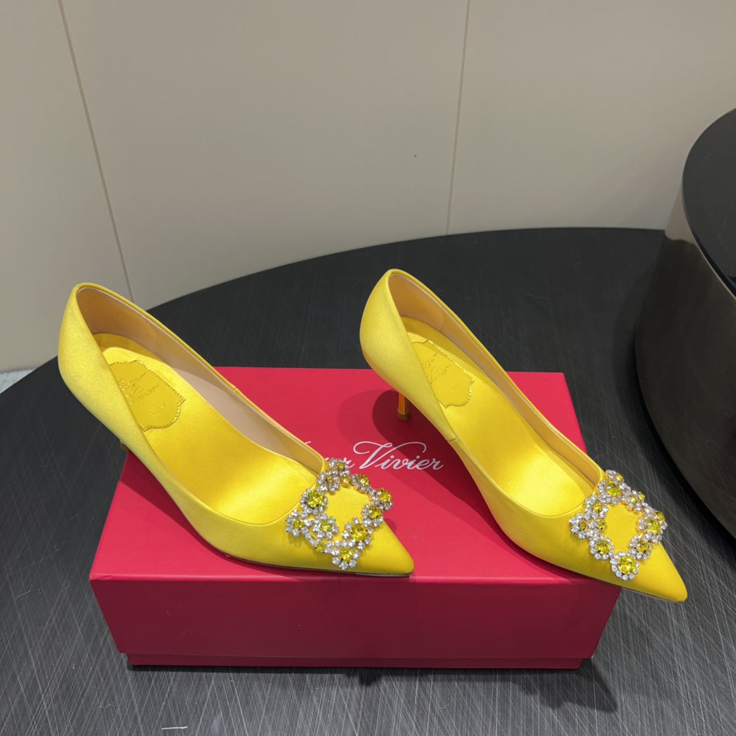 ROGER VIVIER 25S POINTED TOE HIGH HEELS 70MM IN BRIGHT YELLOW SILK EMBELLISHED CRYSTALS - 34