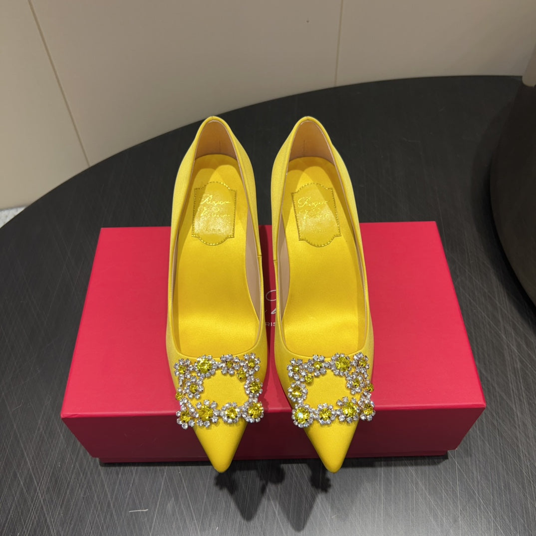 ROGER VIVIER 25S POINTED TOE HIGH HEELS 70MM IN BRIGHT YELLOW SILK EMBELLISHED CRYSTALS - 34