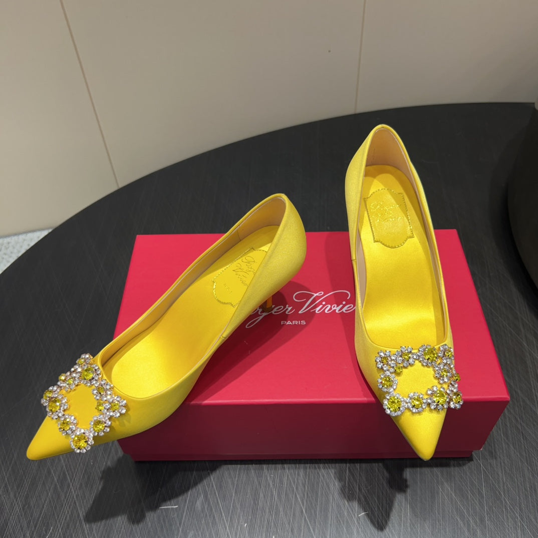 ROGER VIVIER 25S POINTED TOE HIGH HEELS 70MM IN BRIGHT YELLOW SILK EMBELLISHED CRYSTALS - 34