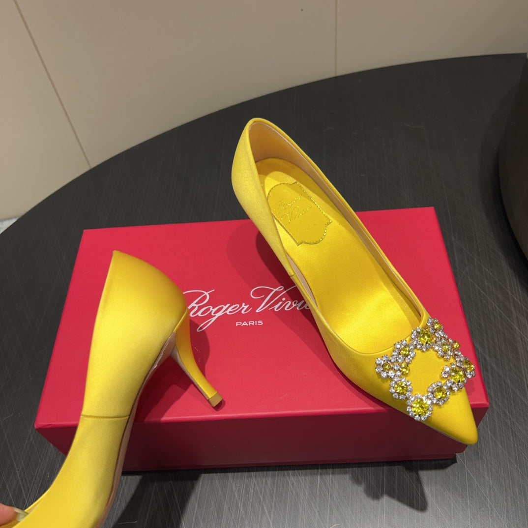 ROGER VIVIER 25S POINTED TOE HIGH HEELS 70MM IN BRIGHT YELLOW SILK EMBELLISHED CRYSTALS - 34